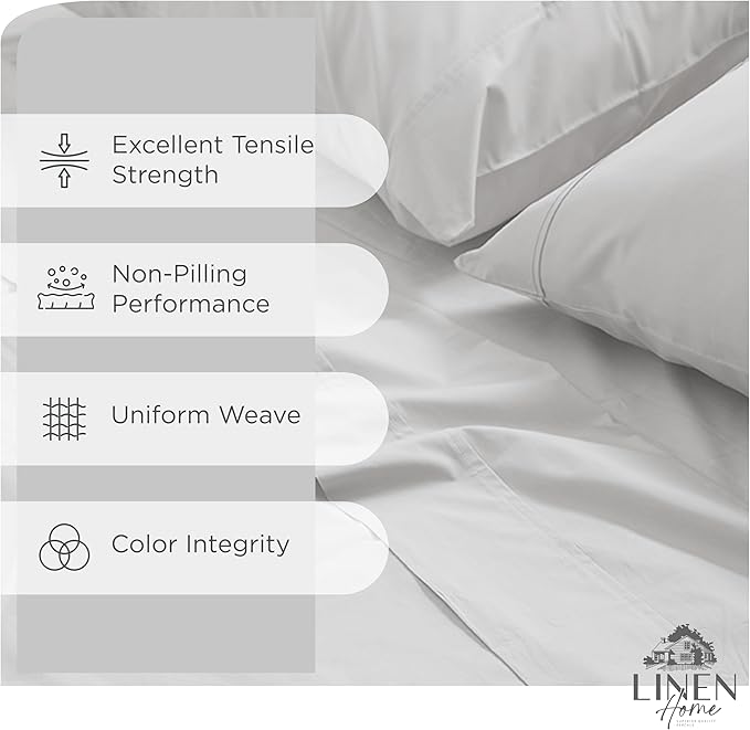 Linen Home 100% Cotton Percale Sheets King Size, Silver, Deep Pocket, 4 Pieces Set - 1 Flat, 1 Deep Pocket Fitted Sheet and 2 Pillowcases, Crisp Cool and Strong Bed Linen