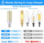 E12 LED Candelabra Bulbs Dimmable, 7W C7 Bulb Equivalent to E12 Halogen Bulb 60W, Daylight White 6000K, T6 E12 Candelabra Base, AC120V E12 Light Bulbs for Ceiling Fan, Chandelier Lighting, 6 Pack