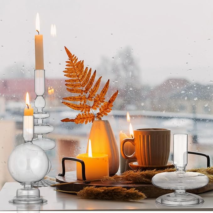 Rtteri 3 Pcs Glass Candlestick Holders Glass Candle Holders Groovy Wavy Elegant Taper Candle Stick for Wedding Home Birthday Party Christmas Halloween Decoration Windowsill Decor(Clear)