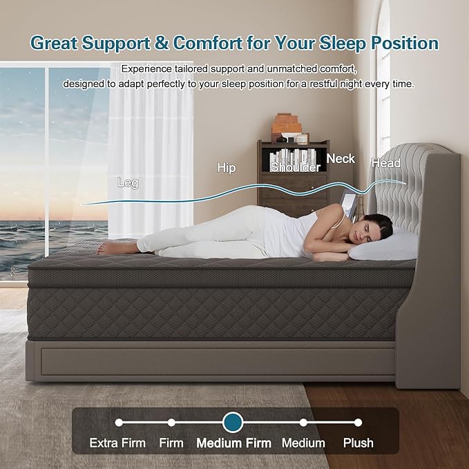 Twin Mattress, 14 Inch Hybrid Mattresses Grey Euro Top Medium Firm for Back & Lumbar Support, 100 Night Trial, Individual Pocket Spring Bed for Motion Isolation & Pressure Relief