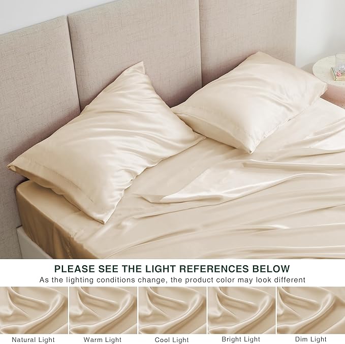 Love's cabin Full Size Satin Sheet Sets - 4 Piece Beige Silky Sheet Set with Deep Pocket, Luxury Silk Feel Satin Sheets Full Bedding Set (1 Flat Sheet,1 Fitted Sheet,2 Pillow Cases)