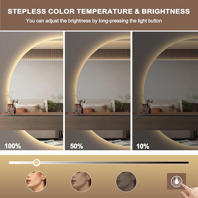 Half Moon Mirrors for Wall, LED Bathroom Mirrors with Lights-Anti-Fog Wall Mirror,Touch Switch Backlit Bathroom Mirror-3 Colors-Dimmable Brightness, Memory