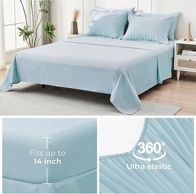 HYMOKEGE Lake Blue Twin Comforter Set Seersucker 5 Pieces, All Season Luxury Bed in a Bag for Bedroom, Bedding Set with Comforters, Sheets, Pillowcase & Shams