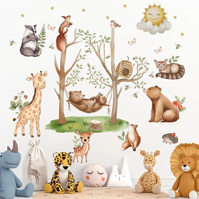 Jungle Animal Wall Stickers Forest Safari Wall Decals Kid Room Nursery Baby Bedroom Décor (Bear Swing)