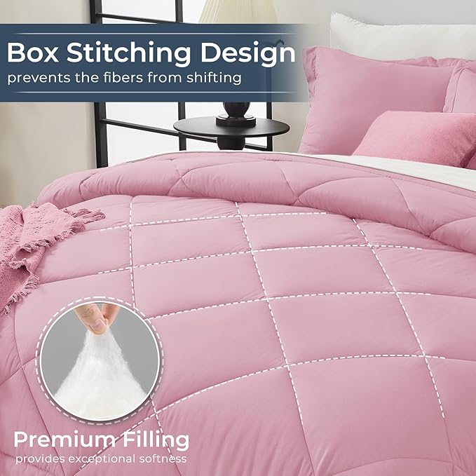 HEVUMYI Twin Comforter Set - 5-Piece All Season Bed in a Bag Twin, Ultra Soft Bedding Set with Comforter, Flat Sheet, Fitted Sheet, Pillowcases, Pillow Shams, Pink & Ivory