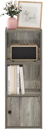 Furinno LUDER Book Shelf, 3-Tier Modern Bookshelf, Bookcase with 1 Door Storage Cabinet, 9.3" x 12" x 31.5", for Living Room, Bedroom, Home Office, French Oak