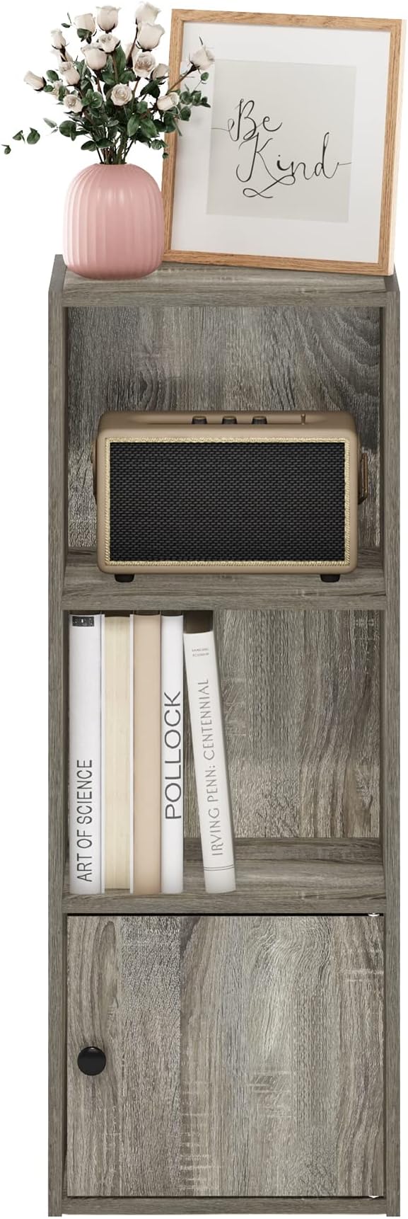 Furinno LUDER Book Shelf, 3-Tier Modern Bookshelf, Bookcase with 1 Door Storage Cabinet, 9.3" x 12" x 31.5", for Living Room, Bedroom, Home Office, French Oak