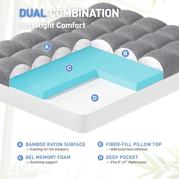 Dual Layer 3 Inch Memory Foam Mattress Topper California King Size, 2 Inch Cooling Gel Memory Foam Plus 1 Inch Pillow Top Mattress Pad Cover, with 8-21 Inch Deep Pocket, Grey