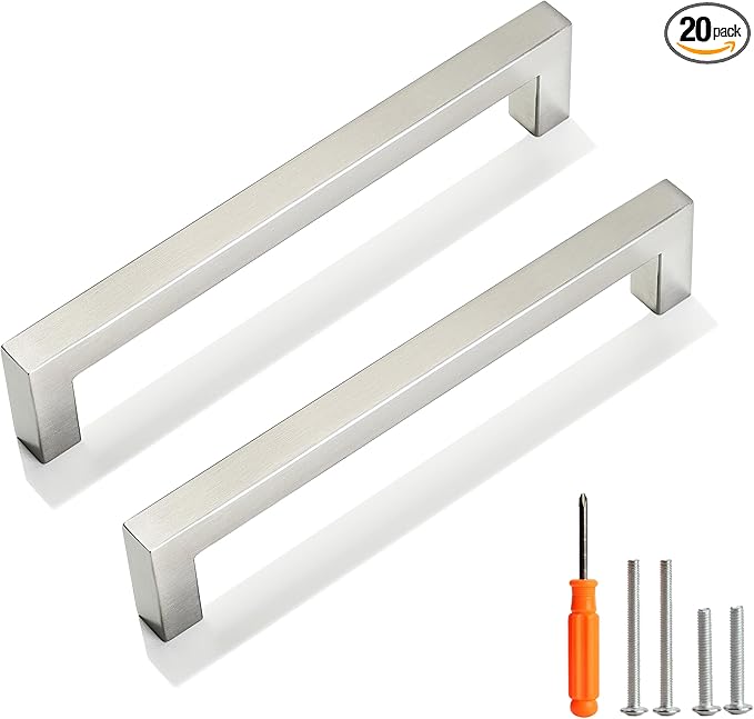 Cabinet Pulls Brushed Nickel Cabinet Handles Square Drawer Pulls, 20 Pack 6-1/4 Inch Stainless Steel Kitchen Door Cupboard Cabinet Handles, Cabinet Hardware Drawer Handles, 160mm Hole Centers