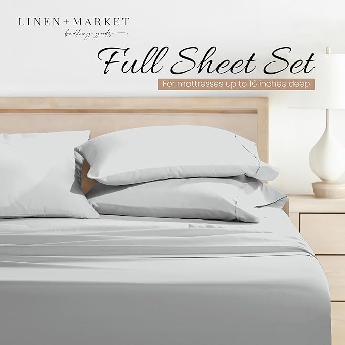 Linen Market Double-Brushed Microfiber Full Sheet Set 4 Piece – Oeko-TEX Certified Ultra Soft & Wrinkle-Free - 16" Deep Pocket Sheets - Easy Care Full Size - Light Gray
