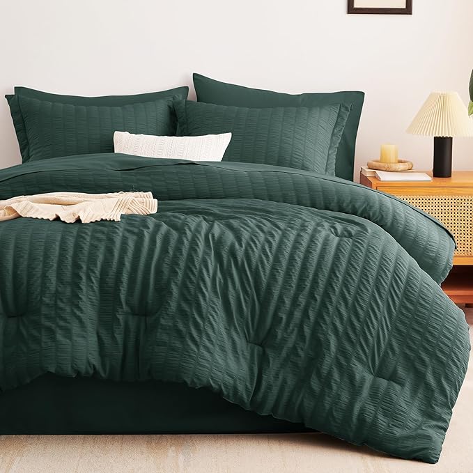 CozyLux King Size Comforter Set Forest Green Seersucker 7 Pieces Bed in a Bag King Comforter Set with Sheets, Luxury Bedding Set with Down Alternative Comforter, Sheets, Pillowcases & Shams All Season