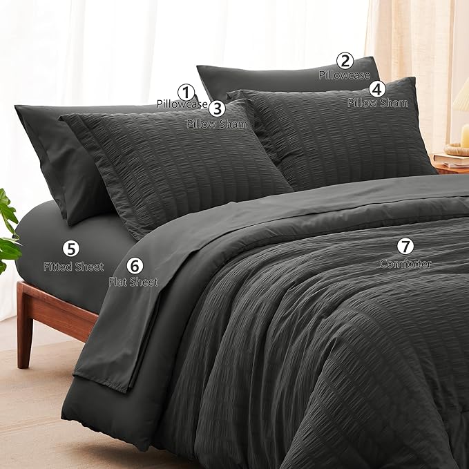 CozyLux Oversized Queen Comforter Set Dark Grey Seersucker 7 Pieces 98x98 Bed in a Bag Comforter Set with Sheets, Luxury Soft Bedding Sets with Down Alternative Comforter, Sheets, Pillowcases & Shams