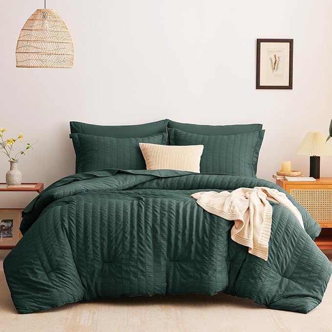 CozyLux Queen Comforter Set Forest Green Seersucker 7 Pieces Bed in a Bag Queen Comforter Set with Sheets, Luxury Bedding Sets with Down Alternative Comforter, Sheets, Pillowcases & Shams All Seasons