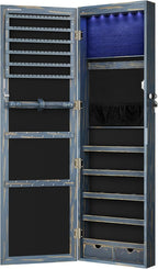 SONGMICS 6 LEDs Mirror Jewelry Cabinet, 47.2-Inch Tall Lockable Wall or Door Mounted Jewelry Armoire Organizer with Mirror, 2 Drawers, Christmas Gift, 3.9 x 14.6 x 47.2 Inches, Rustic Blue