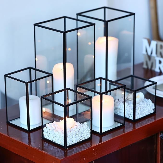 Phosphor 6 PCS Glass Hurricane Candle Holder, Black Glass Candle Holder for Wedding Party Christmas Or Home Decor