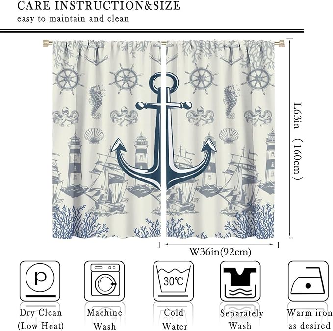 Nautical Anchor Curtains, Vintage Sailboat Ocean Coastal Lighthouse Window Drapes, Navy Blue Coral Shell Seahorse Beach Print Blackout Window Treatments for Living Room Bedroom 72x63in