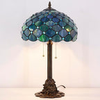 Tiffany Stained Glass Table Lamp 12X12X21Inch Resin Base Desk Bedroom Living Room Reading Light (Sea Blue Pearl)