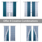 BONZER Mix and Match Curtains - 2 Pieces Branch Print Sheer Curtains and 2 Pieces Blackout Curtains for Bedroom Living Room Grommet Window Drapes, 54x108 Inch/Panel, Teal, Set of 4 Panels
