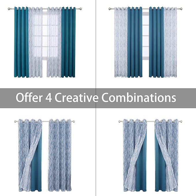 BONZER Mix and Match Curtains - 2 Pieces Branch Print Sheer Curtains and 2 Pieces Blackout Curtains for Bedroom Living Room Grommet Window Drapes, 54x63 Inch/Panel, Teal, Set of 4 Panels