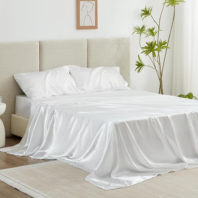 Love's cabin Satin Queen Sheets Set - 4 Piece White Silky Bed Sheets with Deep Pocket, Luxury Silk Feel Satin Queen Size Sheet Set (1 Flat Sheet,1 Fitted Sheet,2 Pillow Cases)