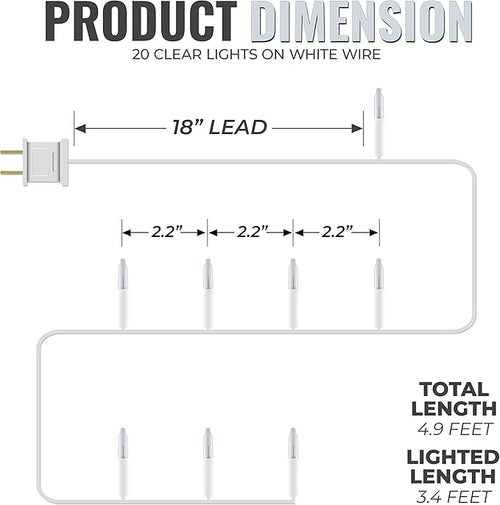 612 Vermont Clear 20 Count Christmas String Lights on White Wire Cord, UL Approved for Indoor Use Only, Total Length 4.9 Foot, Lighted Length 3.4 Foot