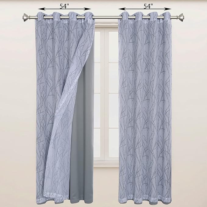 BONZER Mix and Match Curtains - 2 Pieces Branch Print Sheer Curtains and 2 Pieces Blackout Curtains for Bedroom Living Room Grommet Window Drapes, 54x84 Inch/Panel, Light Grey, Set of 4 Panels