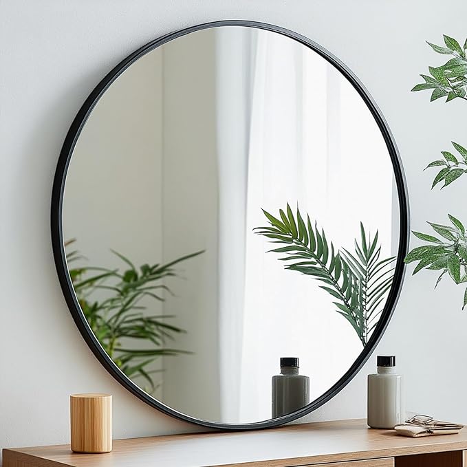 Round Mirror, Black Round Mirror 24 inch, Circle Wall Mirrors Metal Frame, Circular Mirrors for Wall, Living Room, Bathroom, Vanity, Entryway, Hallway.