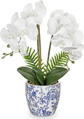 Briful Orchid Fake Flowers 18.8in White Orchid Silk Flower with Blue and White Pot Faux Orchid Arrangement for Home Office Room Shelf Table Centerpiece Decoration