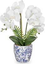 Briful Orchid Fake Flowers 18.8in White Orchid Silk Flower with Blue and White Pot Faux Orchid Arrangement for Home Office Room Shelf Table Centerpiece Decoration