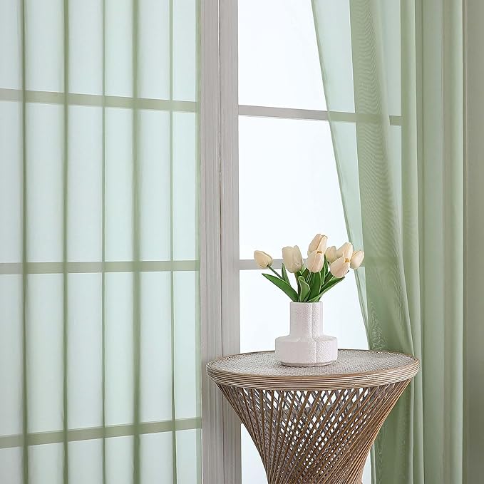 OVZME Sage Green Bedroom Curtains 96 Length for Farmhouse, 59 Inch Extra Wide Light Filtering Voile Drapes Light Airy Window Decor for Patio Door Living Room Bedroom Dining, 59Wx96L Inches