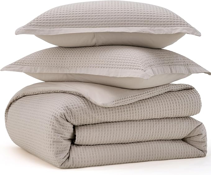 Bedsure Cotton Duvet Cover Set - 100% Cotton Waffle Weave Linen Color Duvet Cover California King Size, GentleSoft™ and Breathable Cal King Bedding Set for All Season, 3 Pieces, 104"x98"