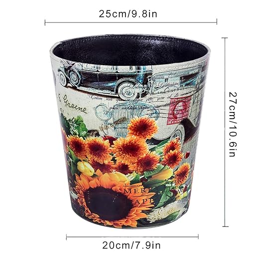 Leather Trash Can, Retro Decorative Waste Basket, 10L Capacity Small Waste Paper Basket, Waterproof Garbage Can for Bathroom, Bedroom, Office, Kitchen and Living Room - Sunflower