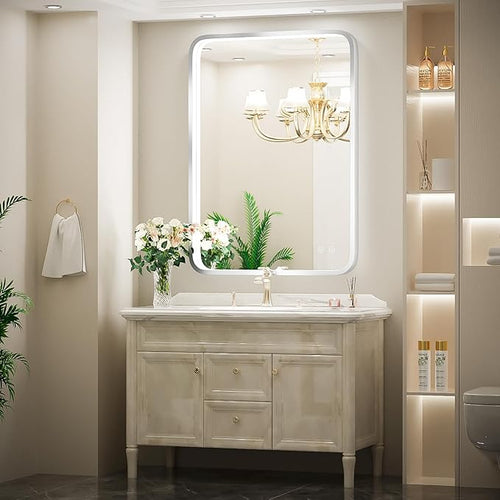 24x36 Inch LED Bathroom Mirror with Lights,Silver Metal Framed Brushed Lighted Vanity Mirror,Antifog Stepless Dimmable,Wall Mounted(Horizontal/Vertical)