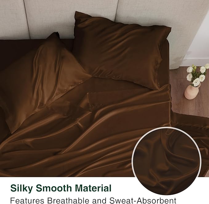 Love's cabin 4Piece California King Satin Bed Linen Set, Brown Silky Satin Sheets, Deep Pocket, Luxury Silk Feel, 1 Flat, 1 Fitted Sheet, 2 Pillow Cases