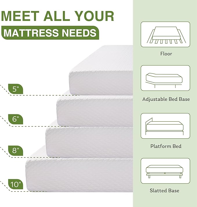 EGOHOME Twin XL Memory Foam Mattress, 6 Inch Bed Mattress in a Box with Cooling Green Tea Gel, Relieve Pressure with Medium Support, CertiPUR-US Certified, 80''L x 38''W, White