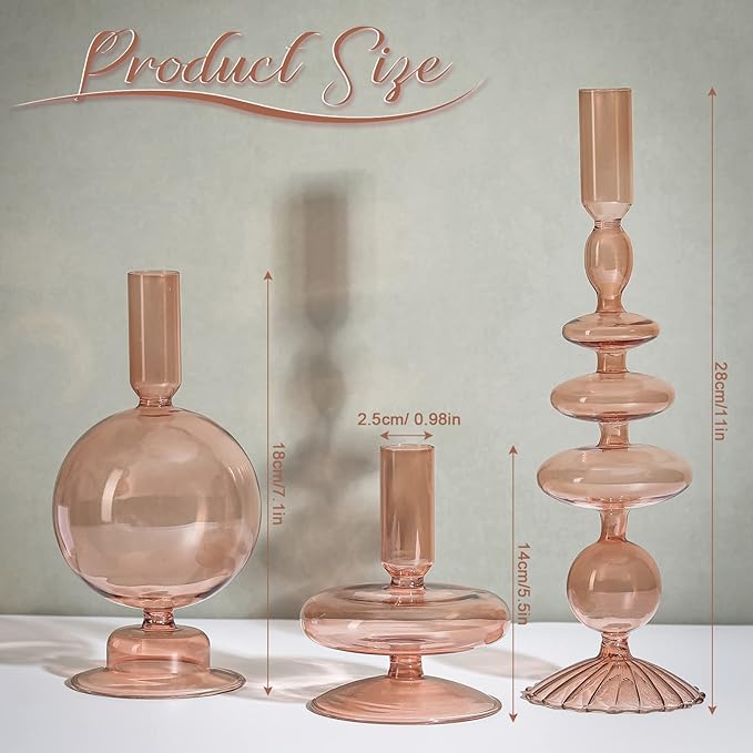 Rtteri 3 Pcs Glass Candlestick Holders Glass Candle Holders Groovy Wavy Elegant Taper Candle Stick for Wedding Home Birthday Party Christmas Halloween Decoration Windowsill Decor(Light Brown)