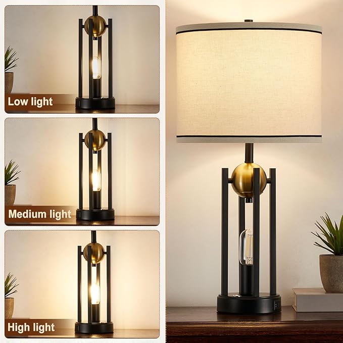 25'' Farmhouse Table Lamps for Living Room Set of 2 with USB C+A Ports, Vintage Bedside Lamp for Bedroom, Touch Lamps for Nightstand, Dual Lights Independent Switch, 4 Bulbs Included, Gold