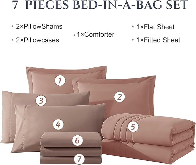 Monbix King Size Comforter Set - 7 Pieces Bed in a Bag King, Clay Pink Bedding Sets with Comforter, All Seasons Down Alternative Comforter Bed Set with Sheets, Pillowcases & Shams