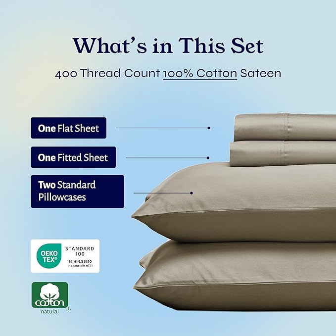 California Design Den Full Size Bed Sheets Set - Soft 400 Thread Count Sateen, Natural 100% Cotton Sheets with Deep Pockets, Breathable, Cooling and Durable Bedding Set - Taupe