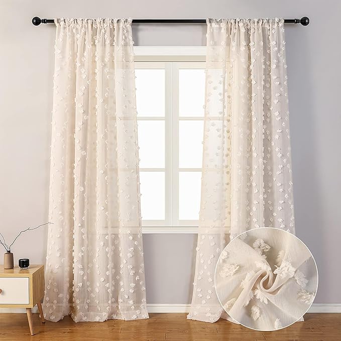MYSKY HOME Pom Pom Beige Sheer Curtains for Bedroom Girls Room Curtains 108 Inches Long for Nursery Kids Light Filtering Boho Window Drapes, Rod Pocket, 38" Wide, 2 Panels
