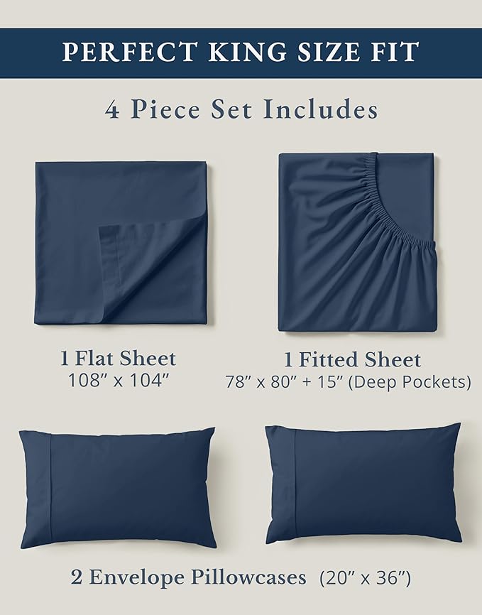 LANE LINEN 100% Organic Cotton Fully Elasticized King Sheet Set, Low Pilling Fade Resistant Machine Washable Naturally Cooling King Bedding Set, Soft & Comfy Cotton Sheets - Navy