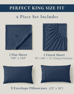LANE LINEN 100% Organic Cotton Fully Elasticized King Sheet Set, Low Pilling Fade Resistant Machine Washable Naturally Cooling King Bedding Set, Soft & Comfy Cotton Sheets - Navy