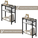 Small Side Table Set of 2 for Small Space, 3-Tier Narrow End Table with Magazine Holder, Slim Nightstand, Skinny Snack Couch Table in Living Room, Bedroom, Kitchen and Balcony (Greige)