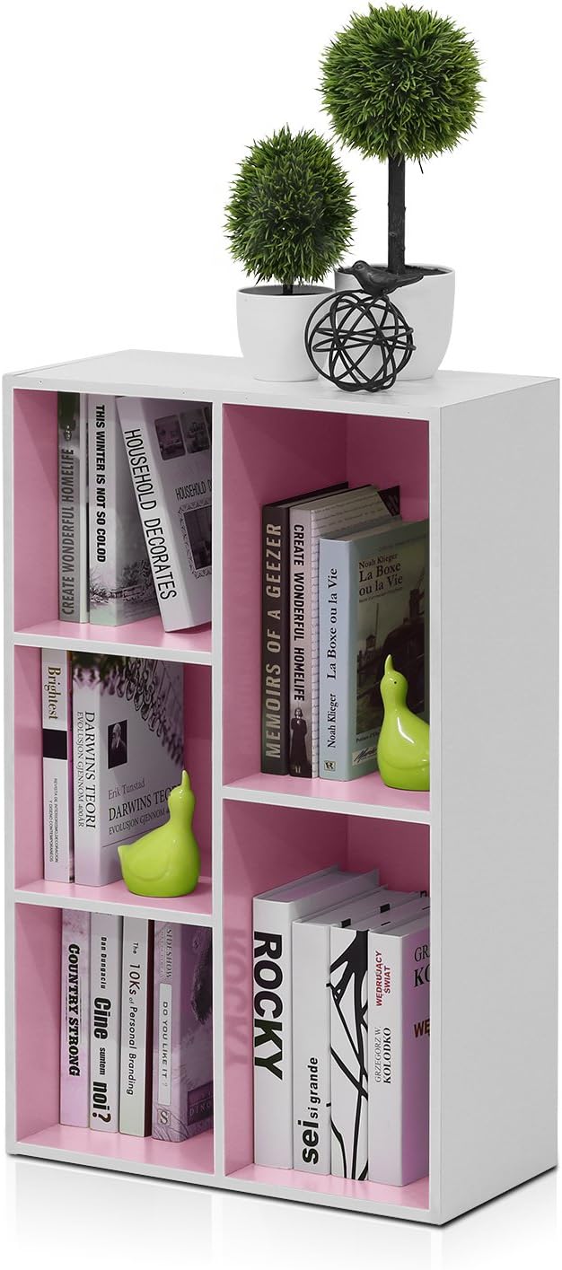 Furinno LUDER Book Shelf, 5-Cube Bookshelf, Reversible Bookcase, 9.4" x 19.5" x 31.5", for Living Room, Bedroom, Home Office, White/Pink