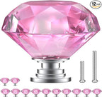 POZEAN Crystal Cabinet Knobs 12Pack, 1.57inch Dresser Knobs for Cabinet, Drawer with Two Different Sizes Screws, Diamond Glass Pulls Handles (40mm, 12Pack, Pink-Silver)