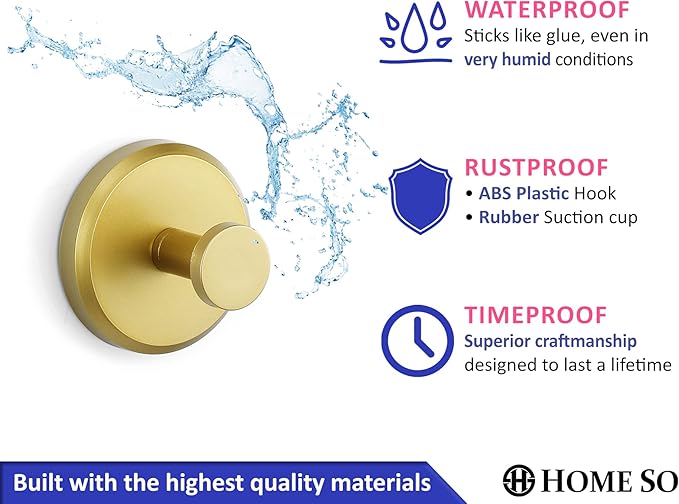 HOME SO Suction Cup Hooks for Shower, Bathroom, Kitchen, Glass Door, Mirror, Tile – Loofah, Towel, Coat, Bath Robe Hook Holder for Hanging up to 15 lbs – Waterproof, Matte Brushed Satin Gold (2-Pack)