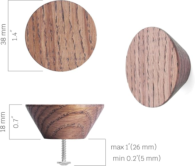 6 Pack Wood Cone Cabinet Knobs (Brown) - 1 ½ " Diameter Round Shape - Wooden Drawer Pulls for Cabinets Doors, Dresser and Drawers Knob, Kitchen Cabinet Door Handle