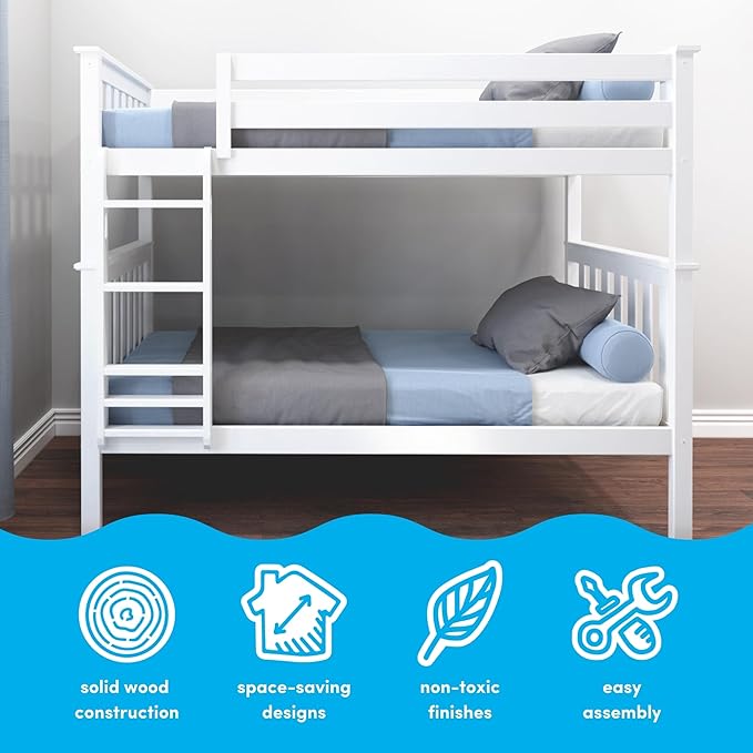 Max & Lily Bunk Bed Twin over Twin, Solid Wood Bunk Bed Frame with Ladder for Kids, 14" Safety Guardrails, Easy Assembly, No Box Spring Needed, White