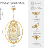 WUZUPS Globe Crystal Chandelier Raindrop Pendant Flushmount Ceiling Light Modern Lighting Fixture for Bedroom Hallway Bar Kitchen Bathroom, H 23.6" x W 19.7", Gold, 8 E12 Base