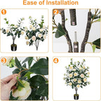 3.6FT Artificial Camellia Fake Tree, Artificial Plants & Flowers with 32 Yellow Pink Flowers for Door Front Decoration Porch Patio Living Room Office Indoor Outdoor Decor (2PCS Contains Dried Moss)